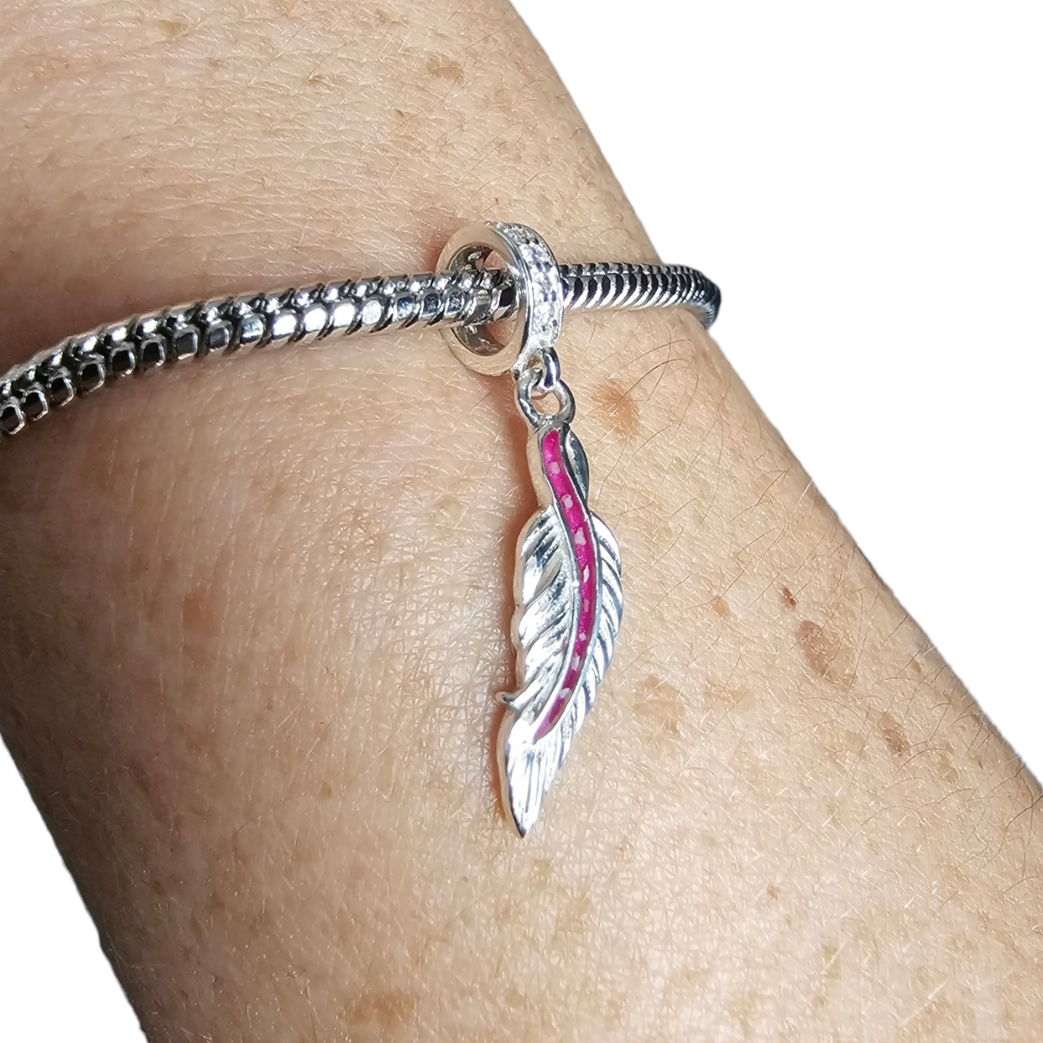 Dangle Feather CZ Bracelet Charm Angel's Memorial Jewellery Ashes, Hair, Fur